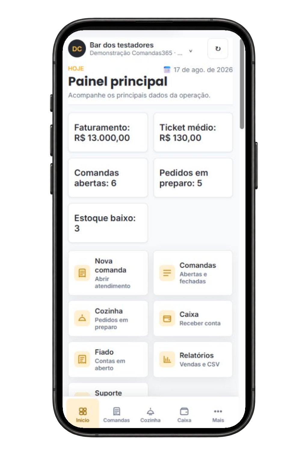Tela Android real do Comandas365 com painel, comandas, cozinha e caixa