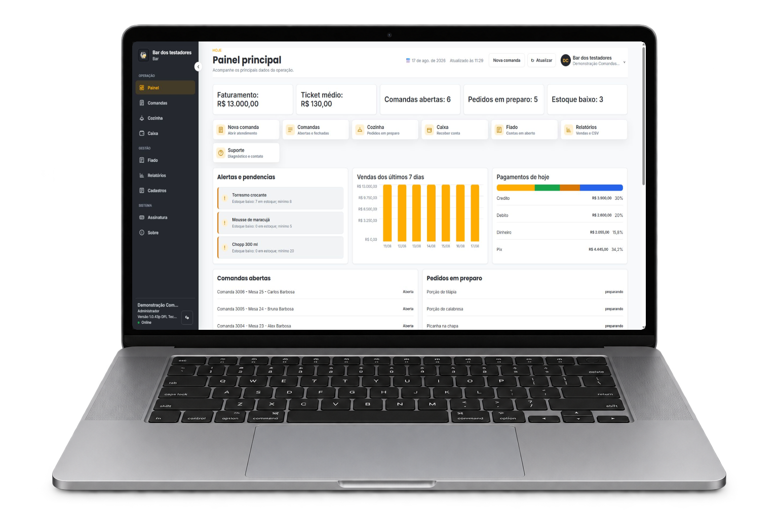 Painel Web real do Comandas365 com comandas, cozinha e indicadores da opera&ccedil;&atilde;o